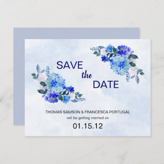 Invitation Événement Mariage Fleurs Aquarelle Bleu Royal Enre (Devant / Derrière)
