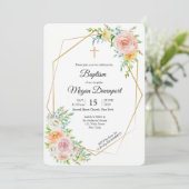 Invitation Événement religieux de baptême élégant rose floral (Debout devant)