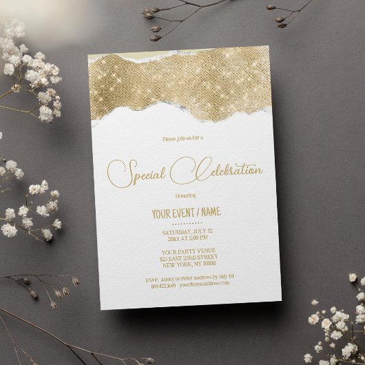 Invitation Événement spécial paillettes or blanc luxe