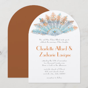 Invitation Eventail à plumes vintage en corail terracotta aqu