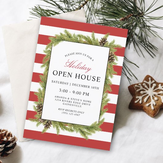 Invitation Evergreens and Stripes Holiday Open House