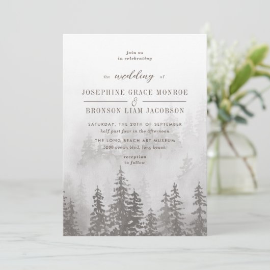 Invitation Evergreens dans la forêt de brouillard en Mariage  (Debout devant)