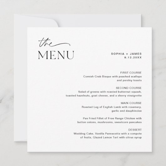 Invitation EVERLEIGING Minimalist Carré Diner Menu Mariage (Devant)