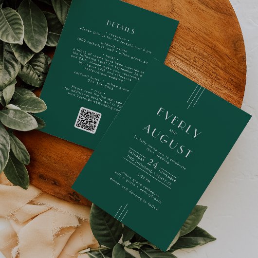 Invitation EVERLY Art Deco Emerald Green QR Code Wedding