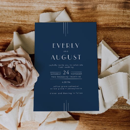 Invitation EVERLY Classic Modern Art Deco Navy Blue Wedding