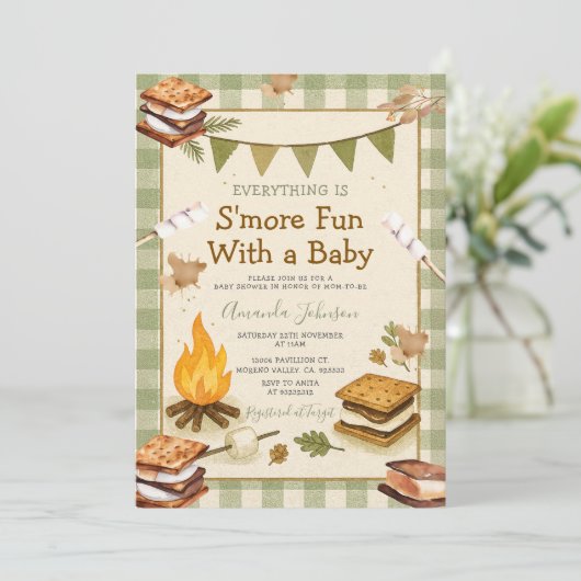 Invitation Everything S'more Fun Green Baby Shower Gingham (Debout devant)