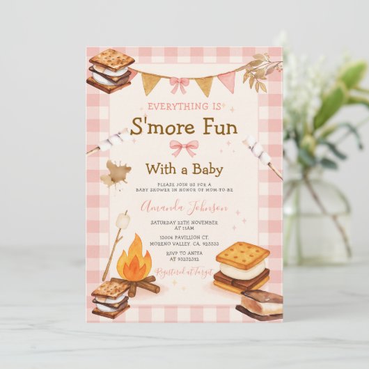 Invitation Everything S'more Fun Pink Baby Shower Gingham (Debout devant)