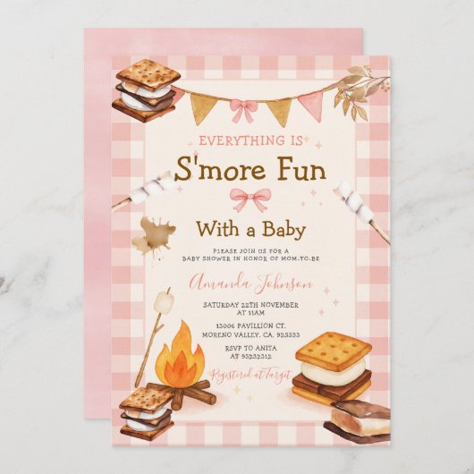 Invitation Everything S'more Fun Pink Baby Shower Gingham (Devant / Derrière)