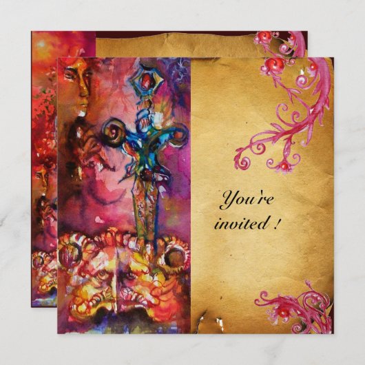 Invitation EXCALIBUR 3 , rouge vif , rose violet (Devant / Derrière)