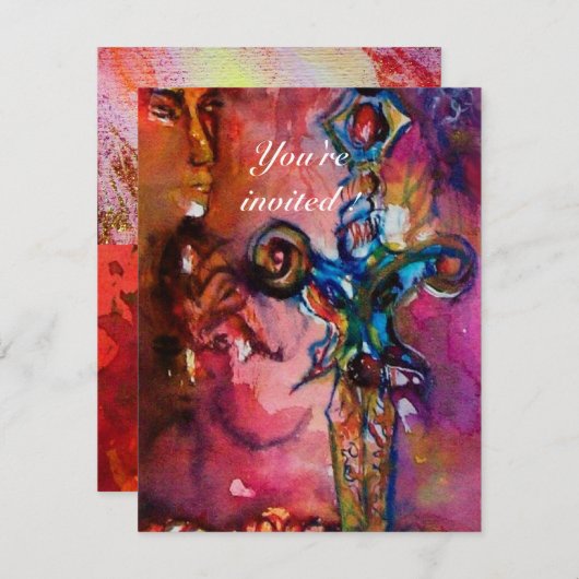 Invitation EXCALIBUR 5, rouge vif, rose violet (Devant / Derrière)