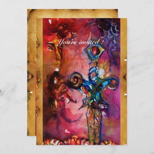 Invitation EXCALIBUR ÉPÉE MAGIQUE Rouge Violet Fantastique (Devant / Derrière)