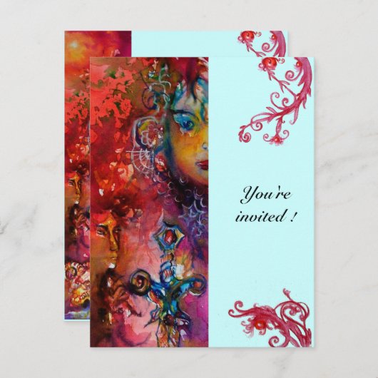 Invitation EXCALIBUR, rouge vif, bleu rose (Devant / Derrière)