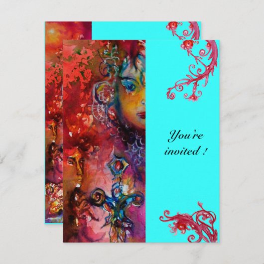 Invitation EXCALIBUR, rouge vif, bleu rose (Devant / Derrière)