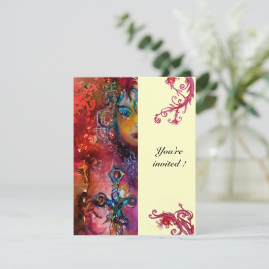 Invitation EXCALIBUR, rouge vif, bleu rose jaune (Debout devant)