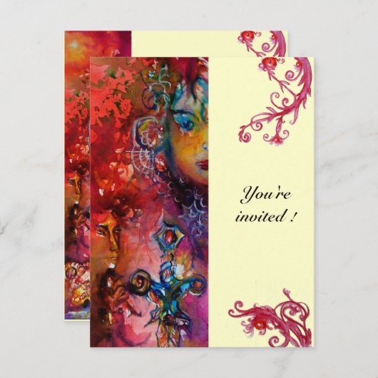 Invitation EXCALIBUR, rouge vif, bleu rose jaune (Devant / Derrière)