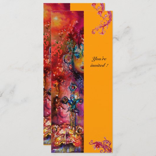 Invitation EXCALIBUR, rouge vif, jaune rose (Devant / Derrière)