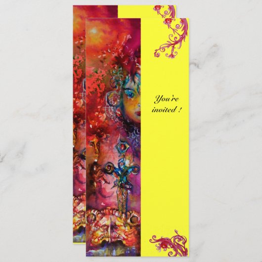 Invitation EXCALIBUR, rouge vif, jaune rose (Devant / Derrière)