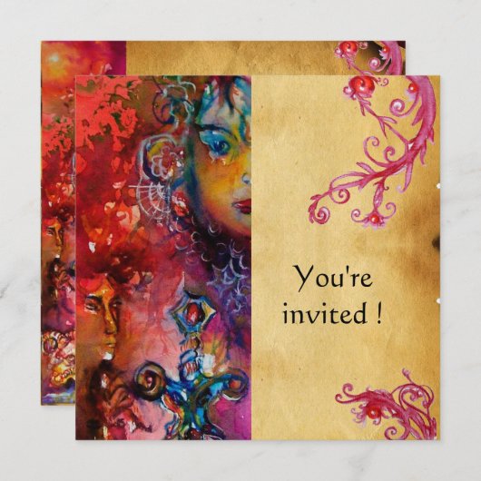 Invitation EXCALIBUR , rouge vif , parchemin rose violet (Devant / Derrière)