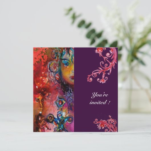 Invitation EXCALIBUR rouge vif pourpre fuchsia bleu jaune (Debout devant)