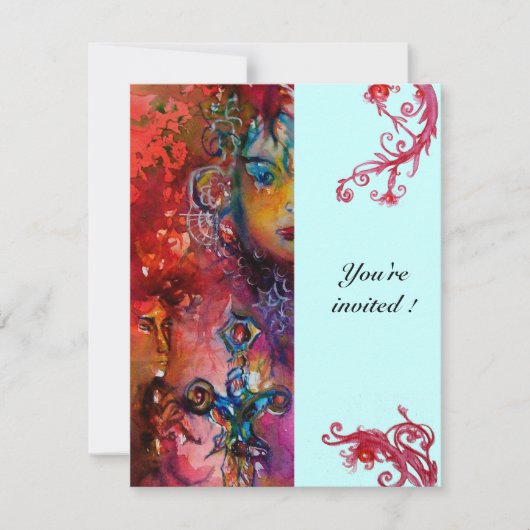 Invitation EXCALIBUR, rouge vif, rose bleu (Devant)