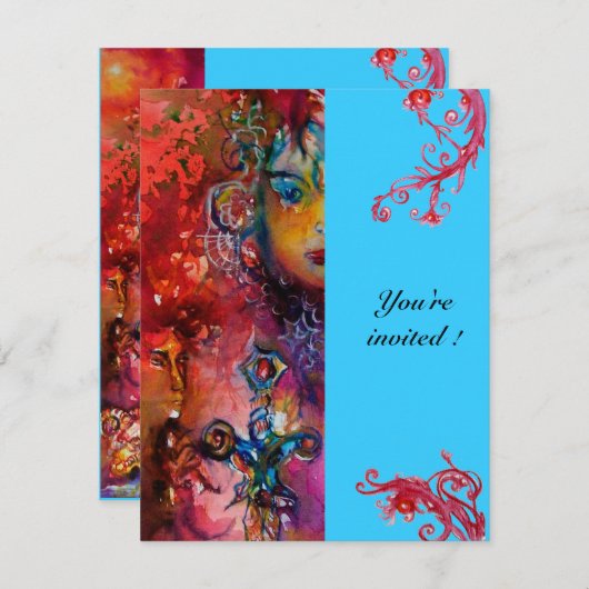 Invitation EXCALIBUR, rouge vif, rose bleu (Devant / Derrière)