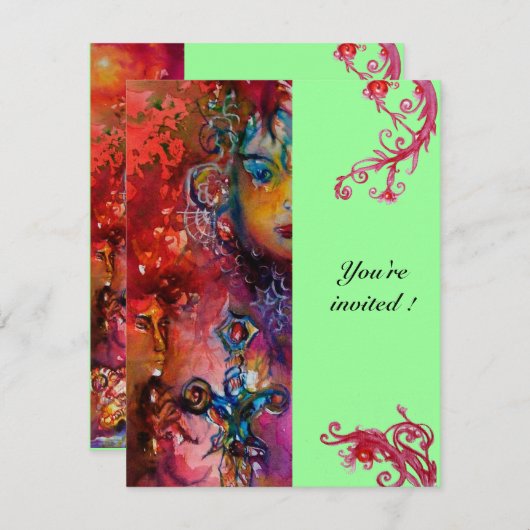 Invitation EXCALIBUR , rouge vif , rose bleu vert (Devant / Derrière)