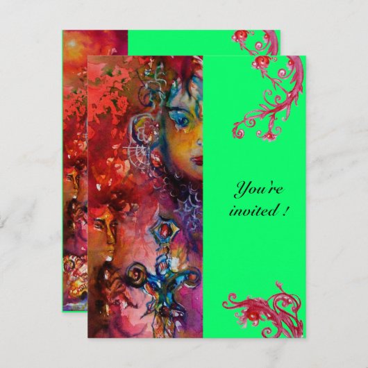 Invitation EXCALIBUR, rouge vif, vert rose (Devant / Derrière)