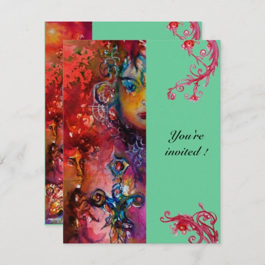 Invitation EXCALIBUR, rouge vif, vert rose (Devant / Derrière)