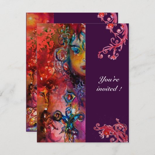 Invitation EXCALIBUR, rouge vif, violet (Devant / Derrière)