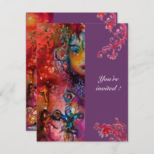 Invitation EXCALIBUR, rouge vif, violet (Devant / Derrière)