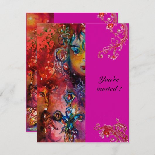 Invitation EXCALIBUR, rouge vif, violet rose (Devant / Derrière)