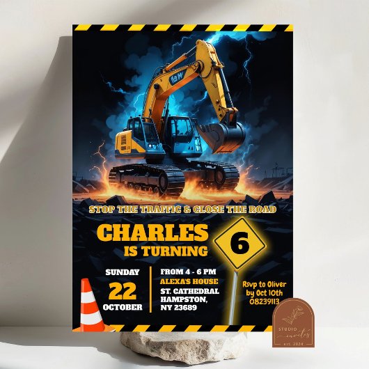 Invitation Excavateur en construction Anniversaire Garçon