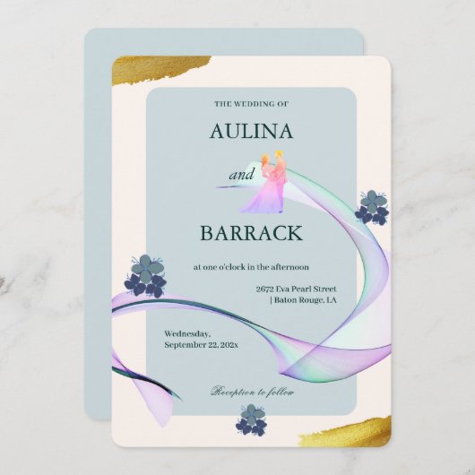 Invitation Exemple classique violet violet vert mariage (Devant / Derrière)