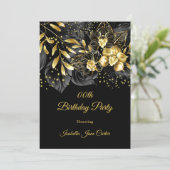 Invitation Exotic Black Floral Gold fête d'anniversaire (Debout devant)