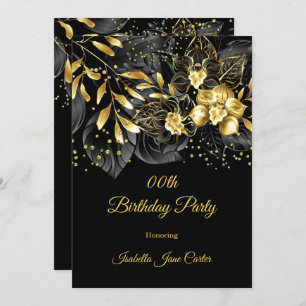 Invitation Exotic Black Floral Gold fête d'anniversaire