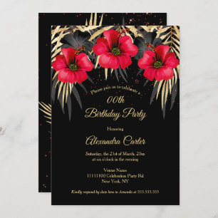 Invitation Exotic Red Black Gold Palms Floral Anniversaire