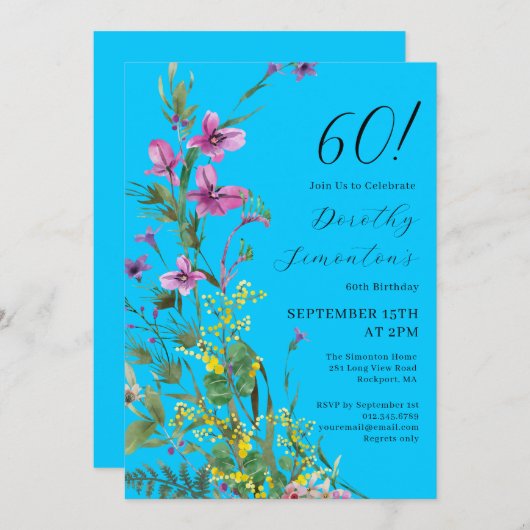 Invitation Exotic Rose Jaune Fleurs sauvages 60e anniversaire (Devant / Derrière)