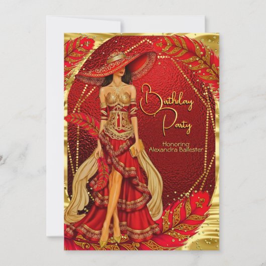 Invitation Exotic Superbe Robe Rouge Or Plume Anniversaire (Devant)