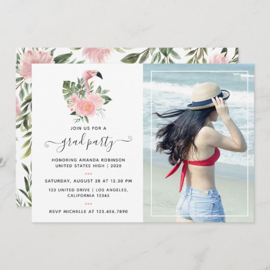 Invitation Exotic Tropical Flamant rose rose fête de graduati (Devant / Derrière)