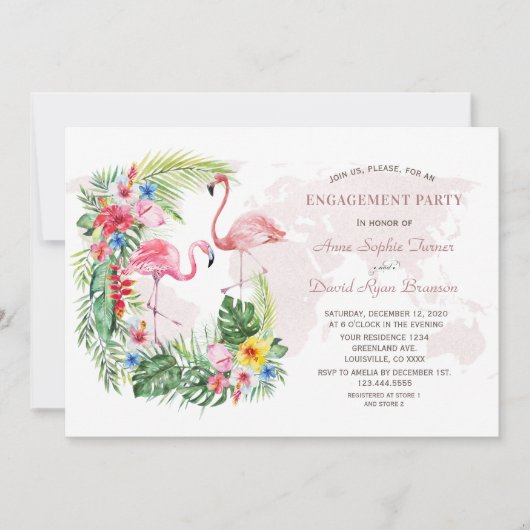 Invitation Exotic Tropical Floral Gold World Map Fiançailles (Devant)