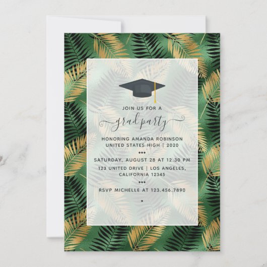 Invitation Exotic Tropical Green and Gold Graduation Party (Devant)
