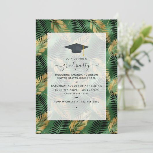 Invitation Exotic Tropical Green and Gold Graduation Party (Debout devant)