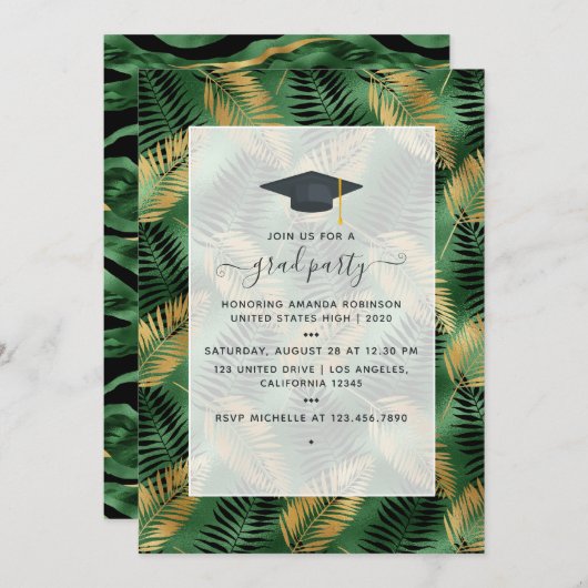 Invitation Exotic Tropical Green and Gold Graduation Party (Devant / Derrière)
