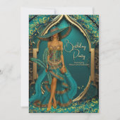 Invitation Exotic Turquoise Robe Bleue Or Plume Anniversaire  (Devant)