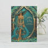Invitation Exotic Turquoise Robe Bleue Or Plume Anniversaire  (Debout devant)