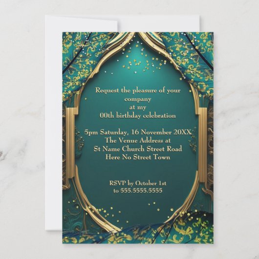 Invitation Exotic Turquoise Robe Bleue Or Plume Anniversaire  (Dos)