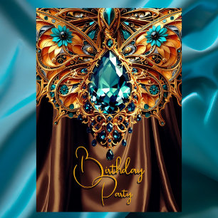 Invitation Exotique Anniversaire Caramel Bleu Turquoise Or Bi