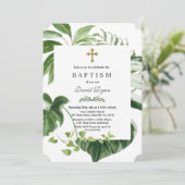 Invitation Exotique Tropical Feuille Gold Cross Boy Baptême (Debout devant)