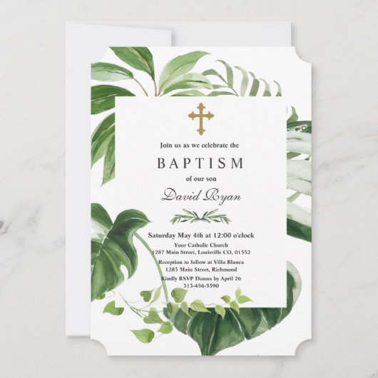 Invitation Exotique Tropical Feuille Gold Cross Boy Baptême (Devant)