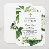 Invitation Exotique Tropical Feuille Gold Cross Boy Baptême (Devant / Derrière)